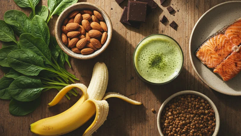 Aliments anti-fatigue : épinards, amandes, banane, chocolat noir et tisane sur une table en bois