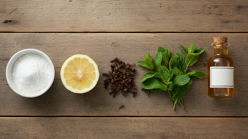 Les ingrédients naturels de Mamie contre le goût amer : bicarbonate, citron, clous de girofle, menthe et vinaigre de cidre