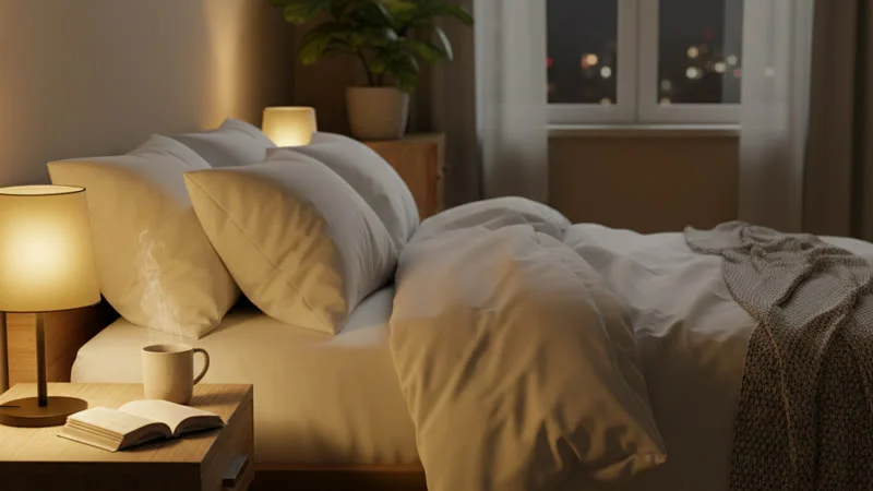 Chambre apaisante pour le sommeil : lit douillet, lumière tamisée et tisane sur la table de nuit