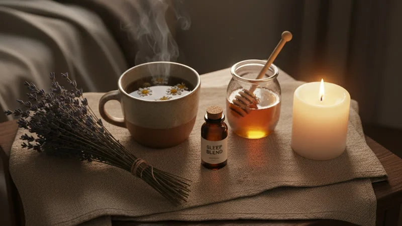 Remèdes naturels pour le sommeil : lavande, tisane, bougie et huile essentielle sur une table de nuit