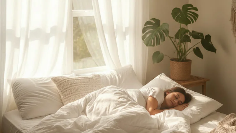 Femme endormie paisiblement dans un lit douillet baigné de lumière douce du matin