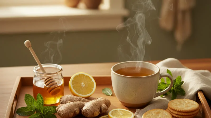 Remèdes anti-nausée naturels : gingembre, citron, menthe et tisane sur un plateau en bois