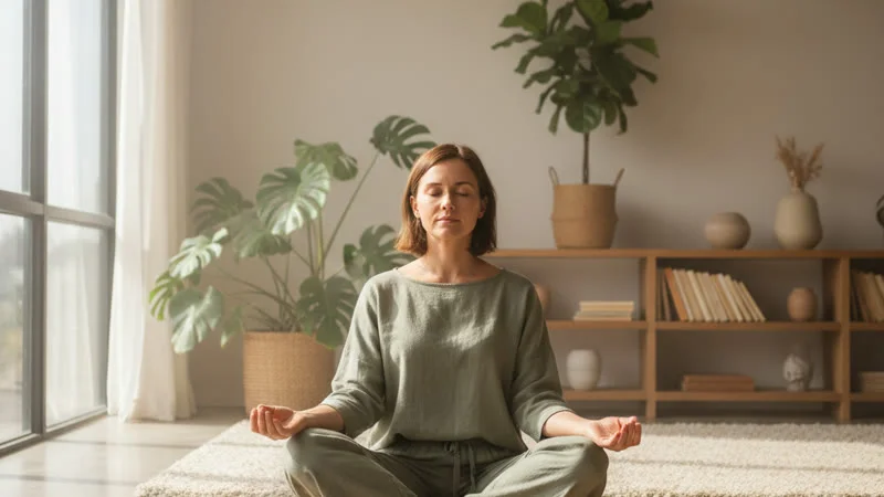 Femme assise en tailleur pratiquant la respiration profonde anti-nausée dans un salon lumineux et apaisant