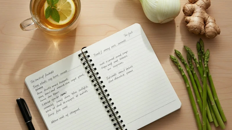 Carnet ouvert avec un stylo, une tasse de tisane et des légumes frais sur une table, ambiance cuisine lumineuse et organisée