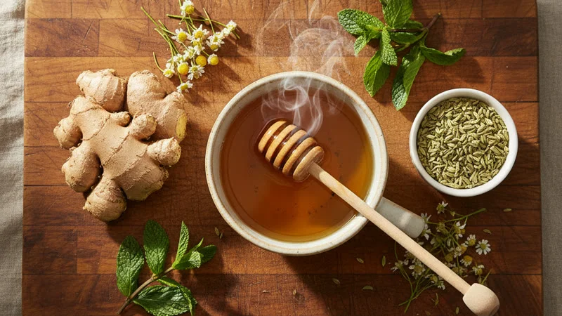 Tisane digestive avec des herbes fraîches, gingembre et citron sur une table en bois, ambiance cuisine chaleureuse