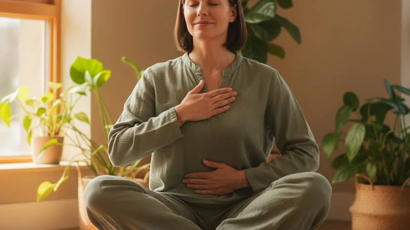 Femme pratiquant la respiration abdominale assise sur un coussin dans un salon lumineux, les mains posées sur le ventre