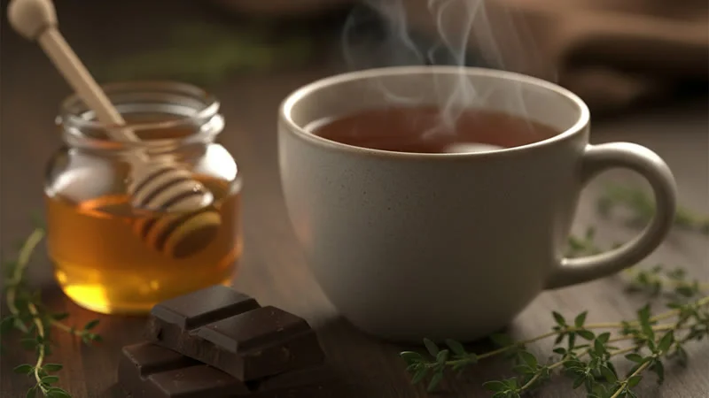 Tablette de chocolat noir cassée à côté d'une tasse de tisane fumante et d'un pot de miel sur une table en bois