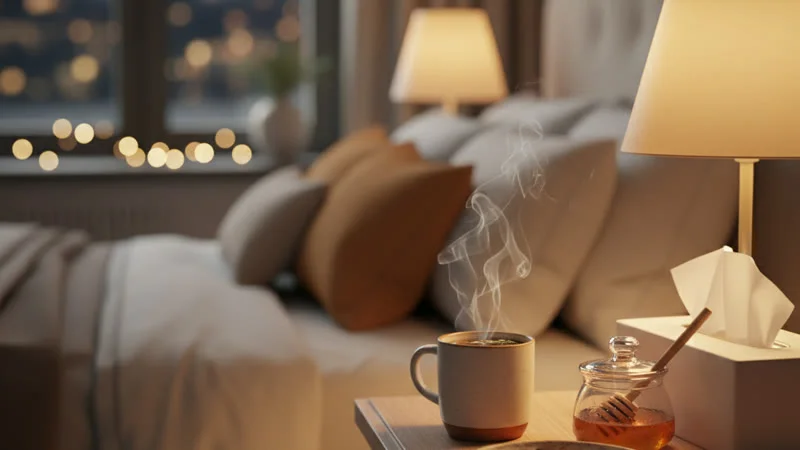 Table de nuit avec une tasse de tisane au thym, du miel, du chocolat noir et des mouchoirs dans une chambre chaleureuse