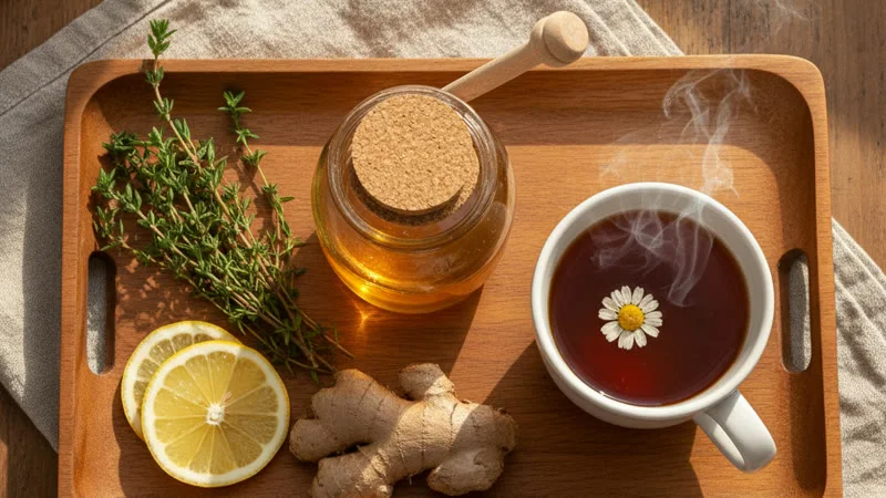 Remèdes naturels contre la toux : miel, thym, citron et gingembre disposés sur un plateau en bois avec une tasse fumante
