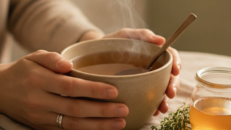 Tisane de thym au miel dans un bol en céramique pour apaiser une angine