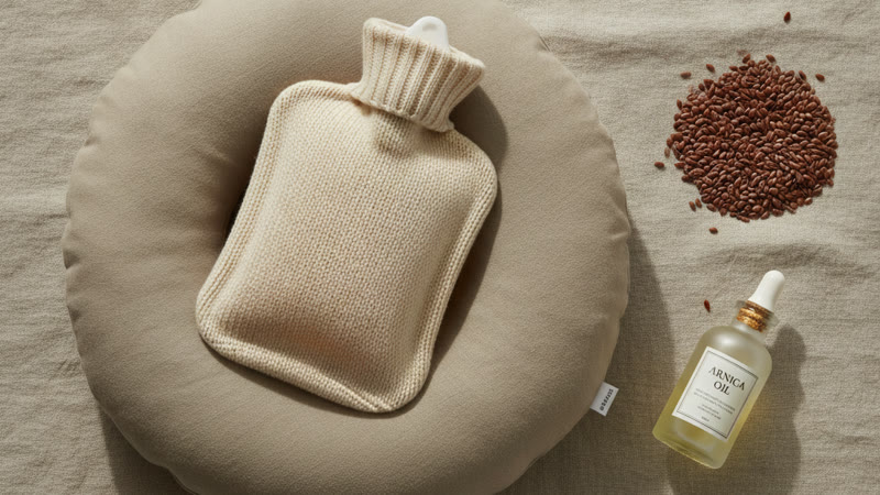 Coussin à trou, bouillotte, huile d arnica et graines de lin en flat lay — remèdes naturels contre la douleur au coccyx