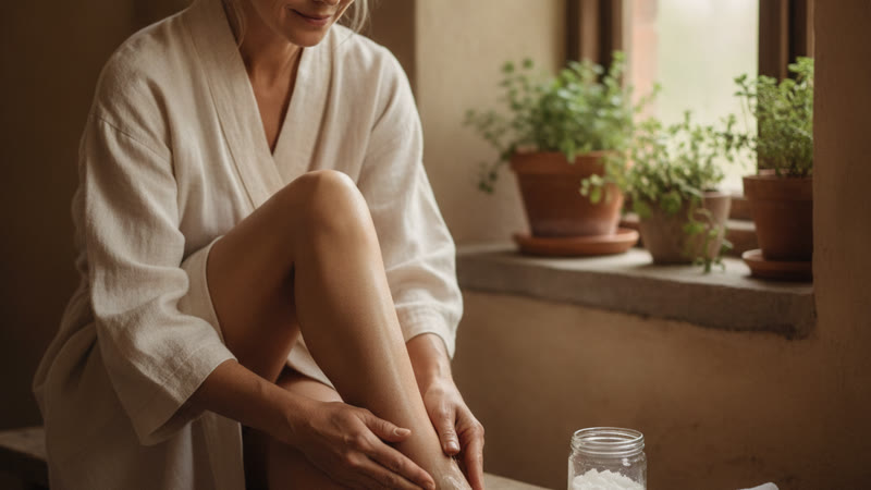 Femme appliquant du beurre de karité sur son talon fendu pour soigner les crevasses des pieds