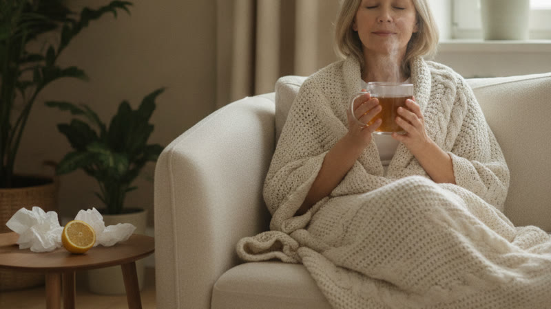 Femme emmitouflée dans un plaid sur un canapé, tenant une tisane chaude pendant la grippe